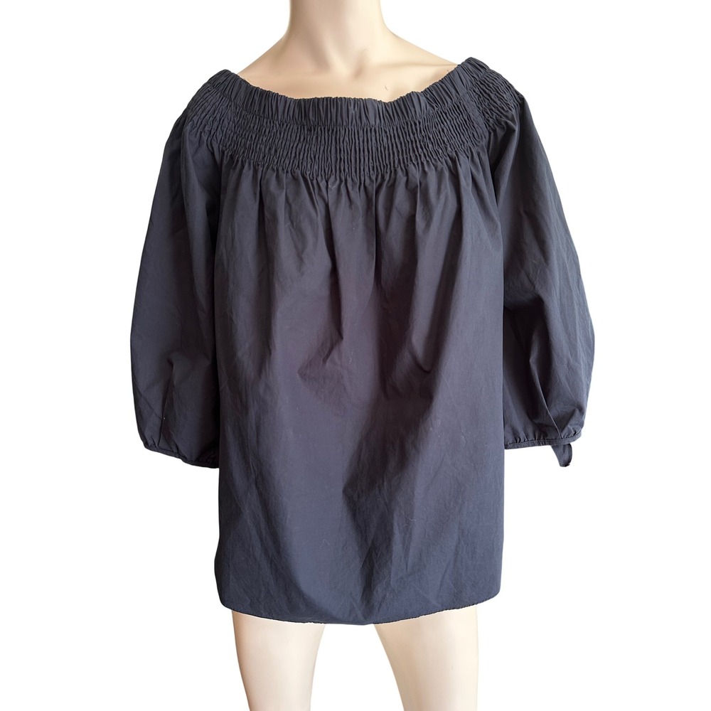 DO+BE Women Navy Smocked Off The Shoulder Tie Sleeve Cotton Blouse YB12525 L